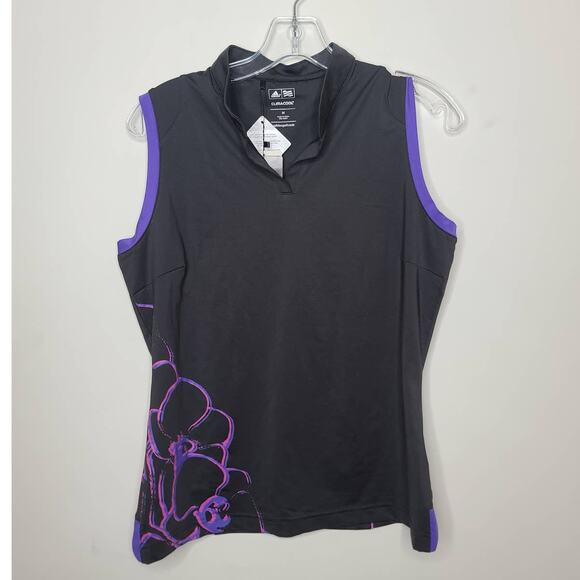 NWT Adidas Golf UPF15 black floral sleeveless polo shirt - medium - Picture 1 of 7